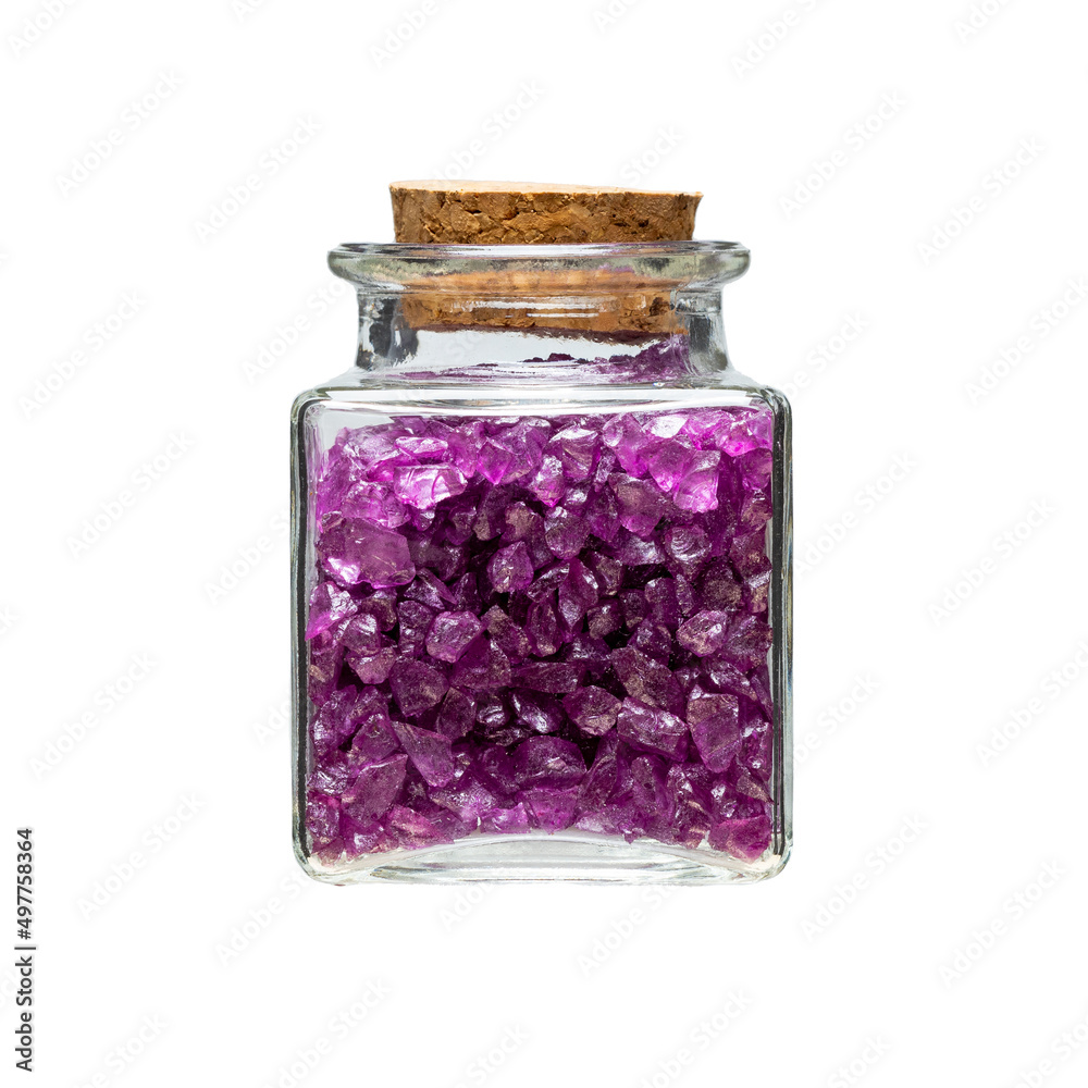 glass jar with decorative stones inside, isolated white background