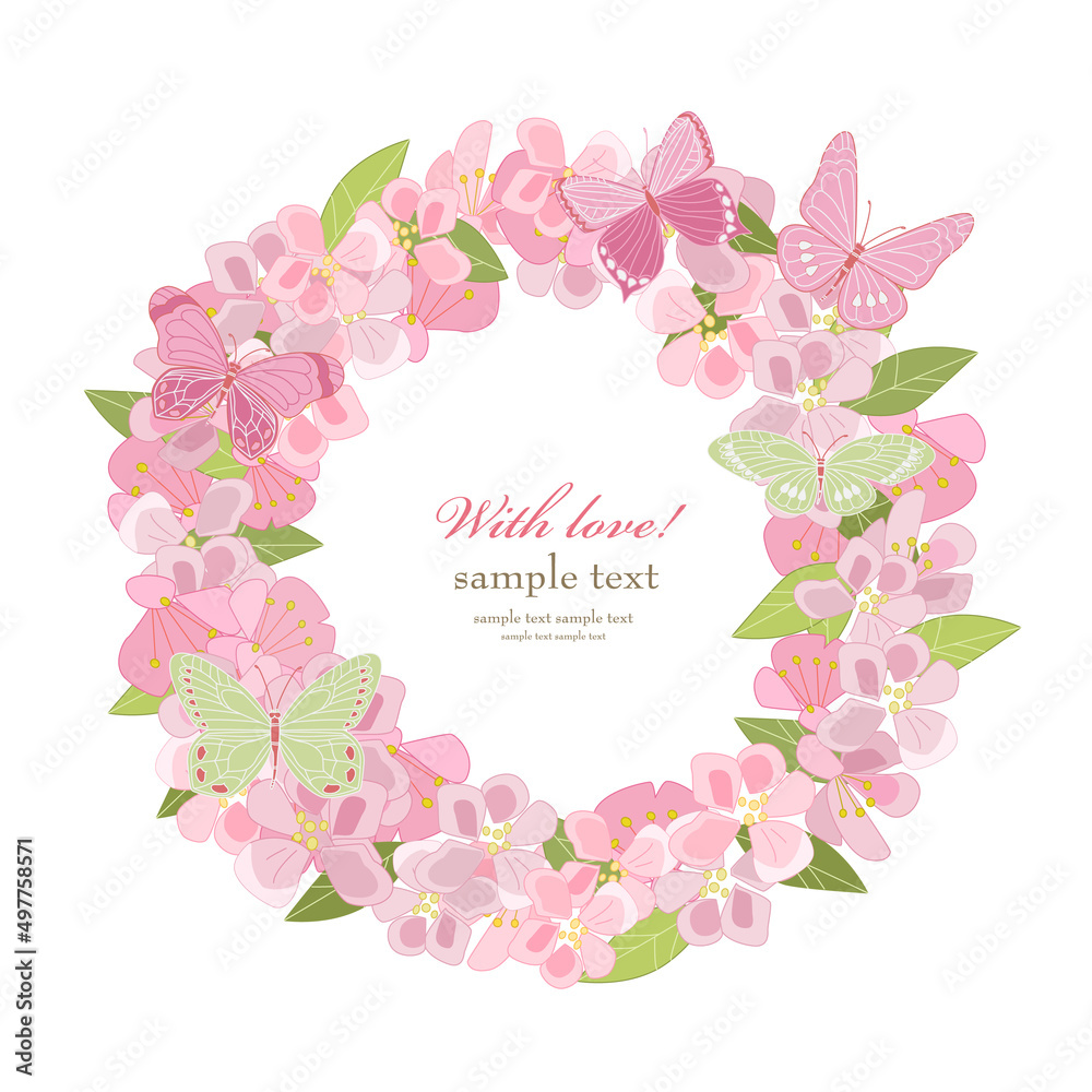 romantic floral wreath with pink flowers and butterflies