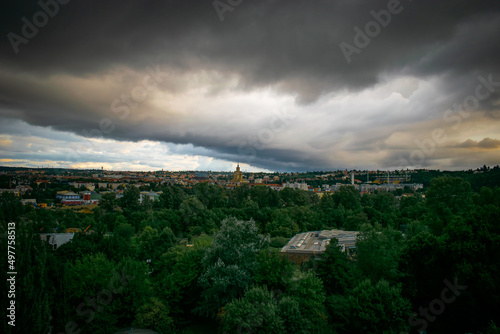 a view of the city covered by clouds