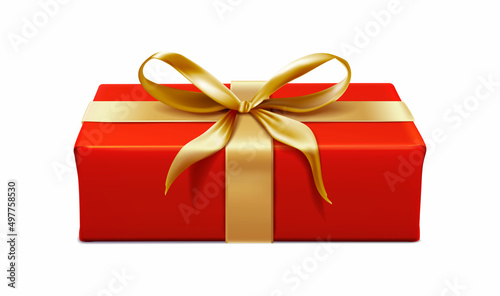 3d realistic vector icon. Red rectangular present box with gold ribbon and golden bow. Isolate on white background.
