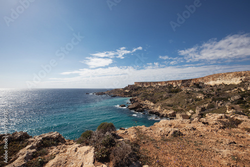 Panoramic scenic view of the coast of Malta. Discovering Malta island, Europe. Hiking in Malta. Active life in Malta