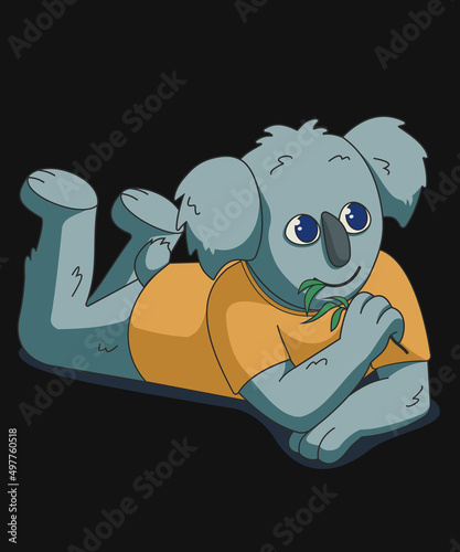 Cartoon koala lies on the belly and eats leaves of eucalypt. Vector illustration on black background.