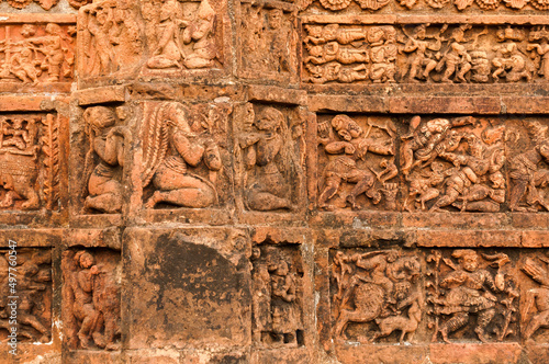 Figurines made of terracotta at Radhagobinda Temple, Bishnupur , West Bengal, India .