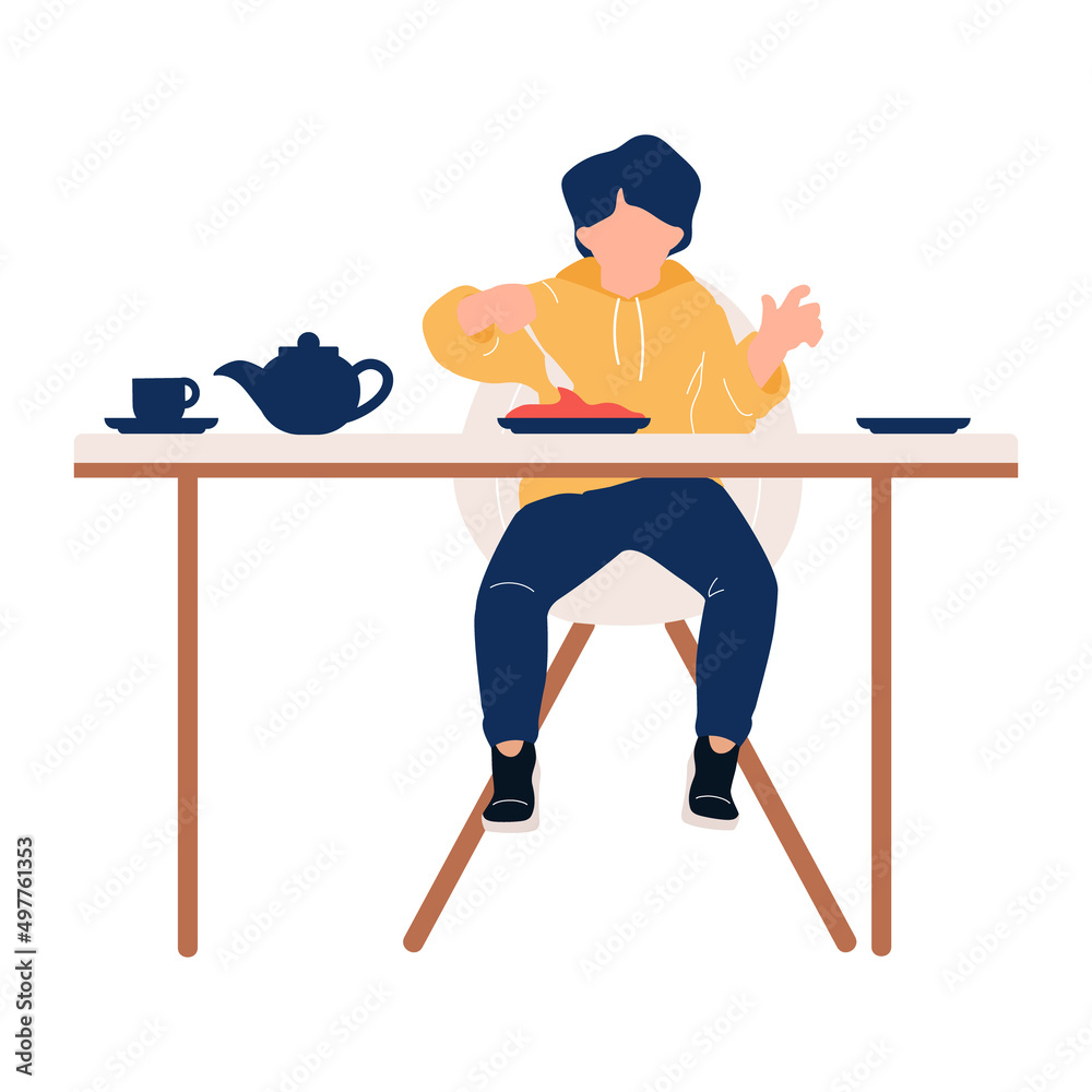 Little stylish boy eating breakfast at table semi flat color vector ...
