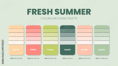 Fresh summer color palettes or color schemes are trends combinations and palette guides, examples of table color shades in RGB and HEX. A color swatch for  summer fashion, home, interior design 