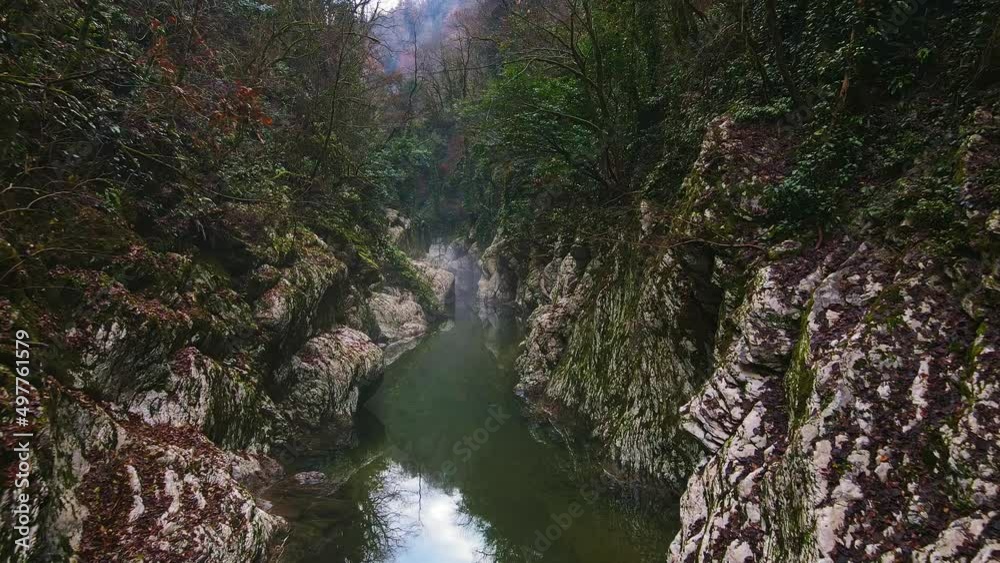 River in a narrow canyon with white rocks. Devils Gate Gorge. Drone view River in a narrow canyon with white rocks. Devils Gate Gorge. Drone view