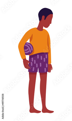 Lonely barefoot boy with ball semi flat color vector character. Poor child. Standing figure. Full body person on white. Simple cartoon style illustration for web graphic design and animation