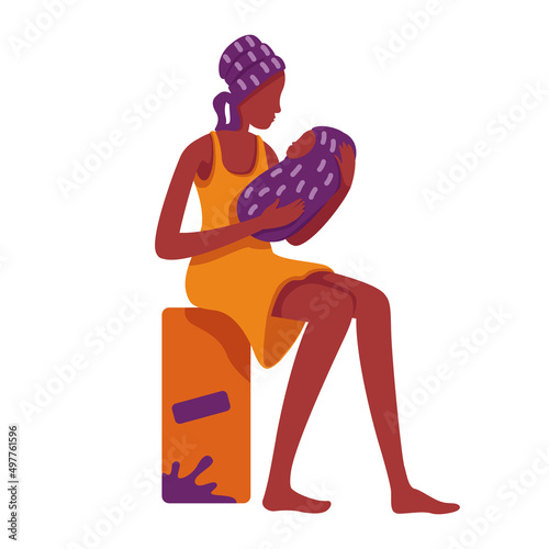 Poor mother with newborn baby semi flat color vector character. Barefoot woman with infant. Full body person on white. Simple cartoon style illustration for web graphic design and animation