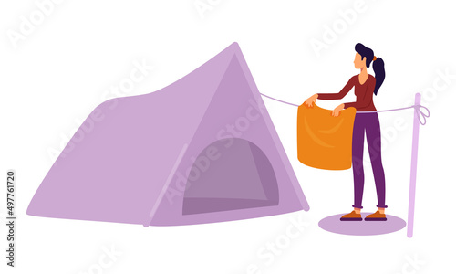 Woman with towel standing near camping tent semi flat color vector character. Posing figure. Full body person on white. Simple cartoon style illustration for web graphic design and animation
