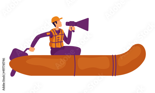 Rescuer sitting in lifeboat semi flat color vector character. Disaster volunteer. Posing figure. Full body person on white. Simple cartoon style illustration for web graphic design and animation