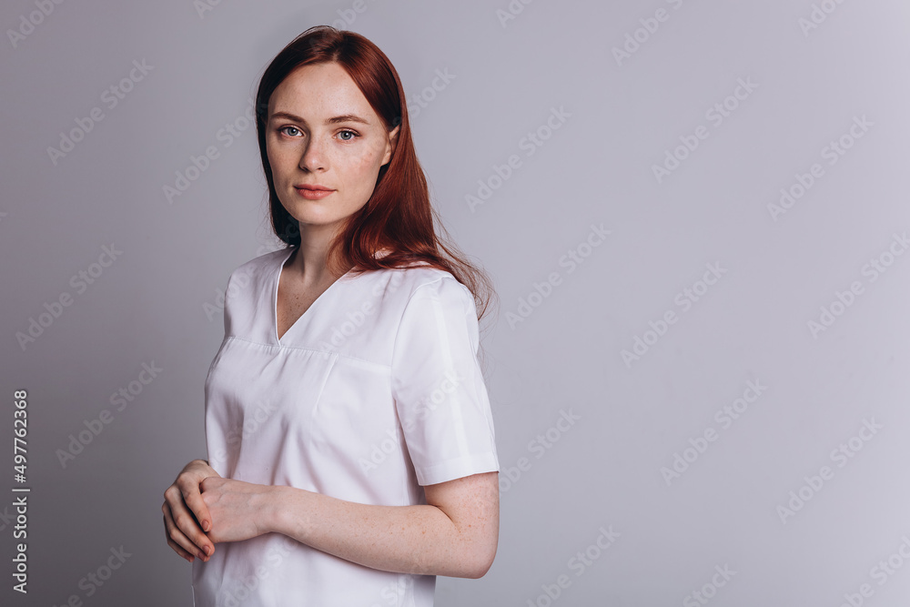 Beauty woman doctor in medical uniform on isolated background. Protection, epidemic, medicine, health care lifestyle concept Beauty woman doctor in medical uniform on isolated background. Protection, epidemic, medicine, health care lifestyle concept