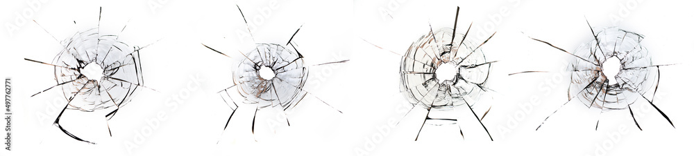 holes from balls in glass on white background, collection.