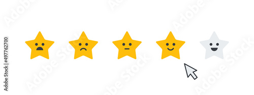 Rating stars icons. Product rating icons. Smileys stars icons. Vector icons