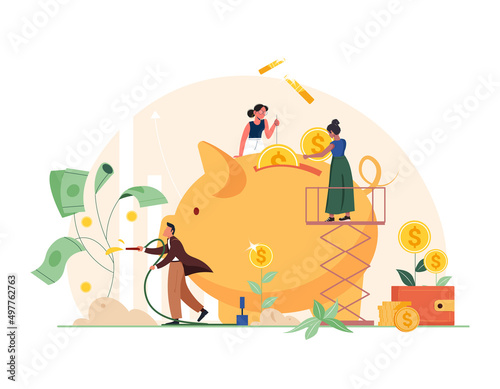 Saving money business concept. Tiny people growing tree with coins and money, making profit. Piggy bank, wallet, credit card. Concept vector illustration for successful business, financial services.