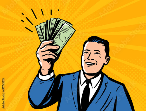 Successful businessman with money. Financial success retro pop art vector illustration