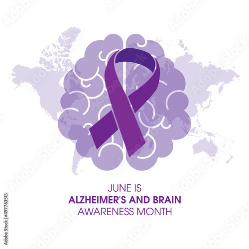 June is Alzheimer's and Brain Awareness Month vector. Human brain with purple awareness ribbon icon vector isolated on a white background