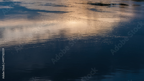 Reflection of the sky at sunset in the water of the river.