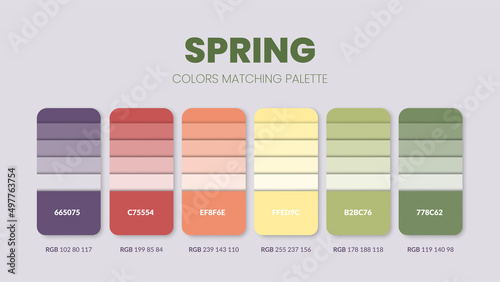 Spring color palettes or color schemes are trends combinations and palette guides this year, a table color shades in RGB or  HEX. A color swatch for a spring fashion, home, or interior design