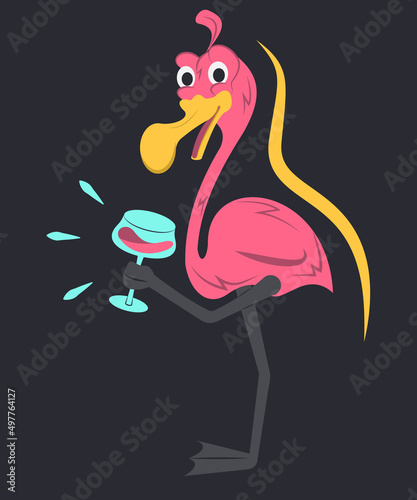 Flamingo stands on one leg and holds a coctail. Pink flamingo with a tropical drink. Vector cartoon illustration on black background. A funny character for print, t-shirt, poster.