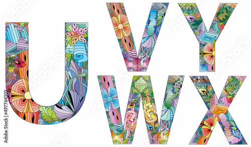 Vector of hand drawn set of Alphabet from U - Y in Zentangle style