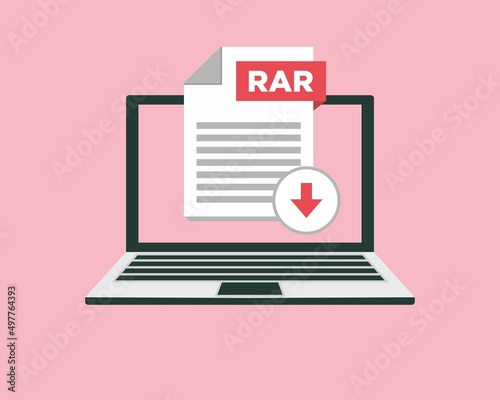 Download RAR icon file with label on laptop screen. Downloading document concept