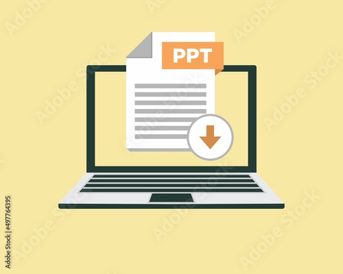 Download PPT icon file with label on laptop screen. Downloading document concept