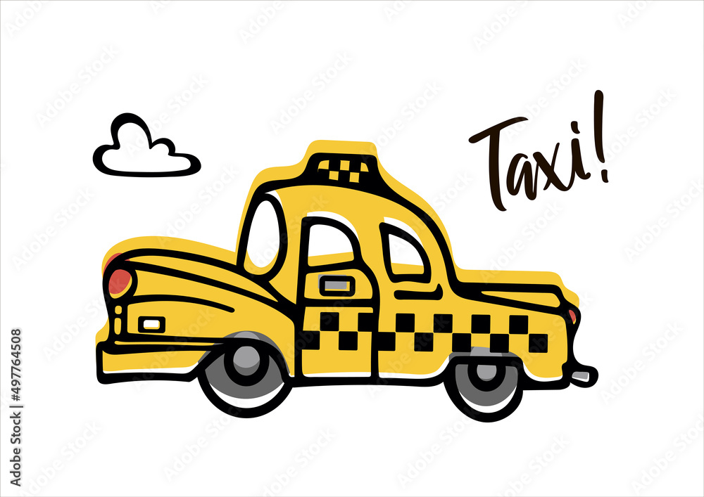 A cute retro yellow taxi car rushes along the road. Childrens illustration in doodle style. For stickers, posters, postcards, design elements.