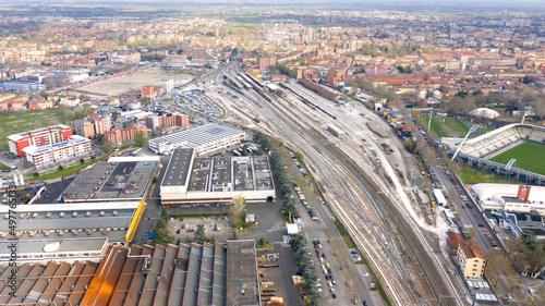Aerial view of Modena station in Italy. There are many platforms at this train station.