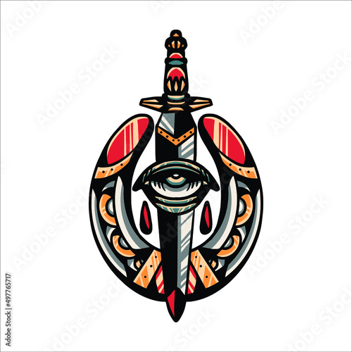 horseshoe and knife tattoo vector design