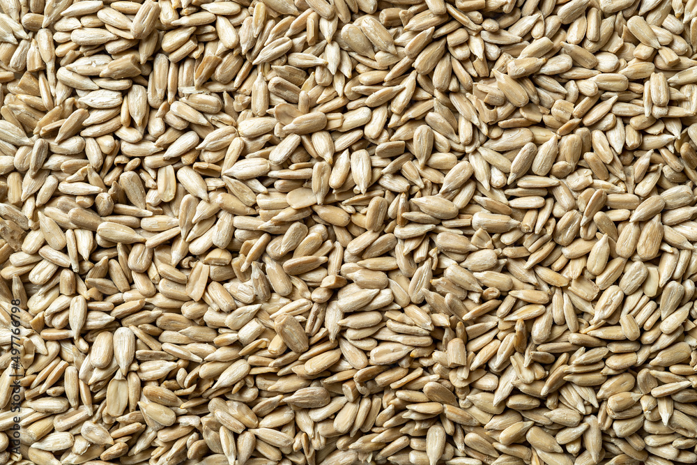 Shelled sunflower seeds macro background. Texture of Helianthus kernels without shell. Organic sunflower seeds for gluten free healthy eating. Raw material for the production of vegetable oil. Shelled sunflower seeds macro background. Texture of Helianthus kernels without shell. Organic sunflower seeds for gluten free healthy eating. Raw material for the production of vegetable oil.