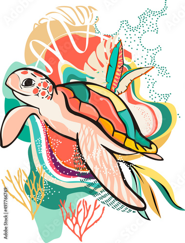 drawing of a funny turtle decorated with tropical leaves and minimalist organic shapes ready to print. Hand drawing floral design for textile and decoration.