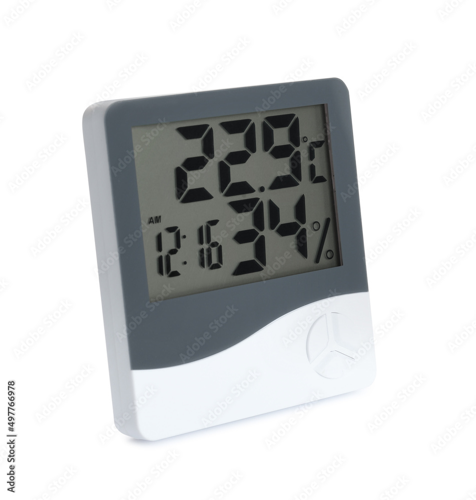 Digital hygrometer and thermometer with clock isolated on white - obrazy, fototapety, plakaty 