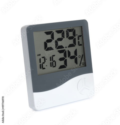Digital hygrometer and thermometer with clock isolated on white photo