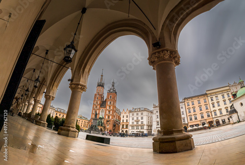 Polish Historical City view in Krakow with bow architeture and church at the background