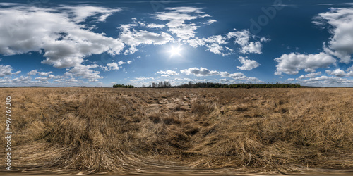 360 hdri panorama view among farming fields near village with sun with clouds in sky in full seamless equirectangular spherical projection  ready for VR AR virtual reality content