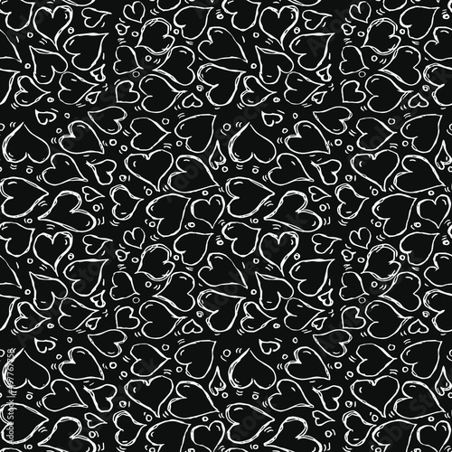 Seamless white hearts vector pattern. Doodle vector with hearts icons on black background. Vintage hearts pattern, sweet elements background for your project, menu, cafe shop