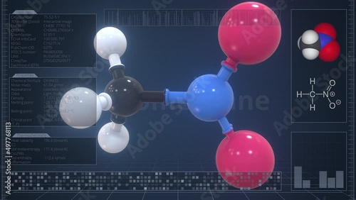 Overview of the molecule of nitromethane on the computer screen. Loopable 3d animation photo