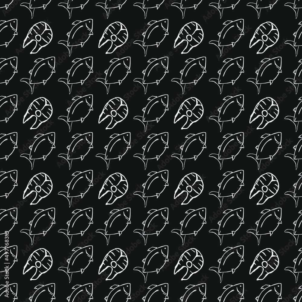 Seamless vector pattern with fish. Doodle vector with fish icons on black background. Vintage fish pattern Seamless vector pattern with fish. Doodle vector with fish icons on black background. Vintage fish pattern