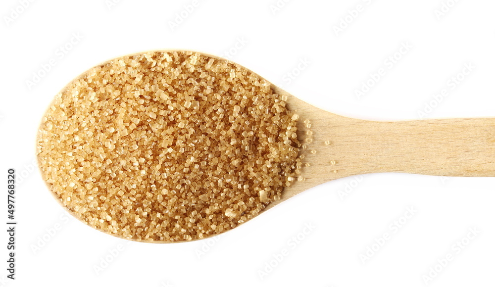 Brown crystal cane sugar pile in wooden spoon isolated on white, top view Brown crystal cane sugar pile in wooden spoon isolated on white, top view