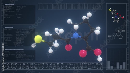 Overview of the molecule of captopril on the computer screen. Loopable 3d animation photo