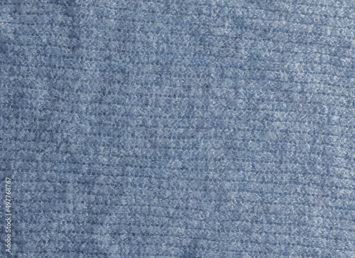 Realistic illustration of a grey-blue knitted carpet close-up. Textile texture on a gray-blue background. Detailed warm yarn background. Natural wool fabric, sweater fragment.