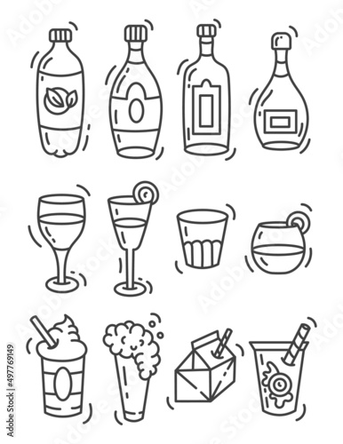 Wallpaper Mural Set of doodle illustrations, icons of bottles and cups with drinks. Alcoholic and non-alcoholic cocktails. Juices. Isolated on a white background. Torontodigital.ca