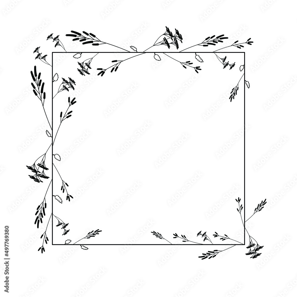 Fototapeta premium Abstract Black Simple Line Suqare With Leaf Leaves Frame Flowers Doodle Outline Element Vector Design Style Sketch Isolated Illustration For Wedding And Banner