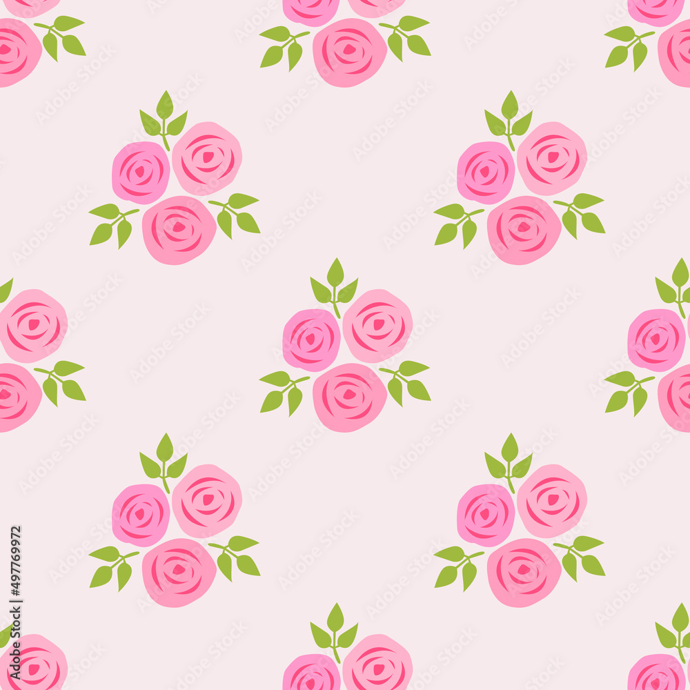 Simple Hand Drawn pink rose flower isolated on white background is in Seamless pattern - vector illustration