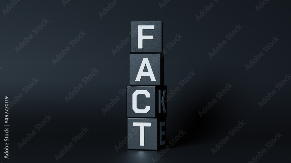 Vertically stacked white letter, black cubes spelling fact and fake at the same time, dark background, fake news, deceit 3d render Vertically stacked white letter, black cubes spelling fact and fake at the same time, dark background, fake news, deceit 3d render