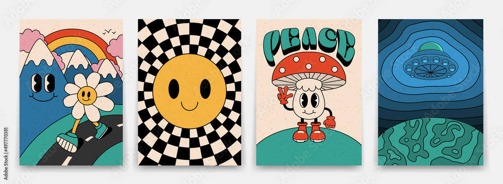 Fototapeta premium Collection of bright groovy posters 70s. Retro poster with psychedelic landscapes with flowers and mushrooms, vintage prints with grunge texture