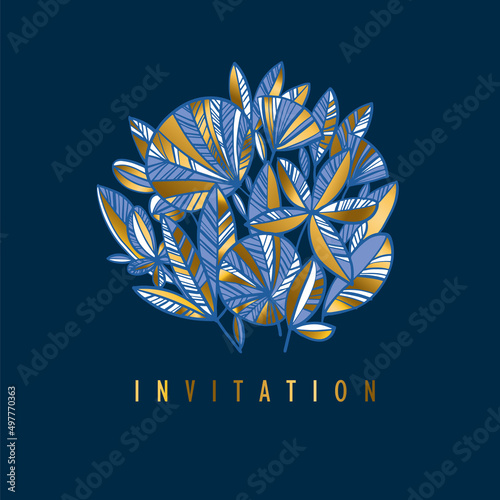 Luxury style blue and gold tropical invitation template