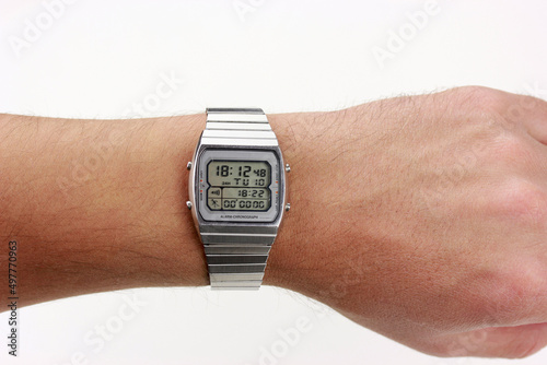 Fotografie digital watch silver vintage retro wristwatch 70s 80s isolated alarm multifuncti