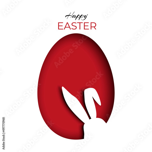 Silhouette of a bunny peeking inside a red Easter egg on carved or cut paper. Greeting card