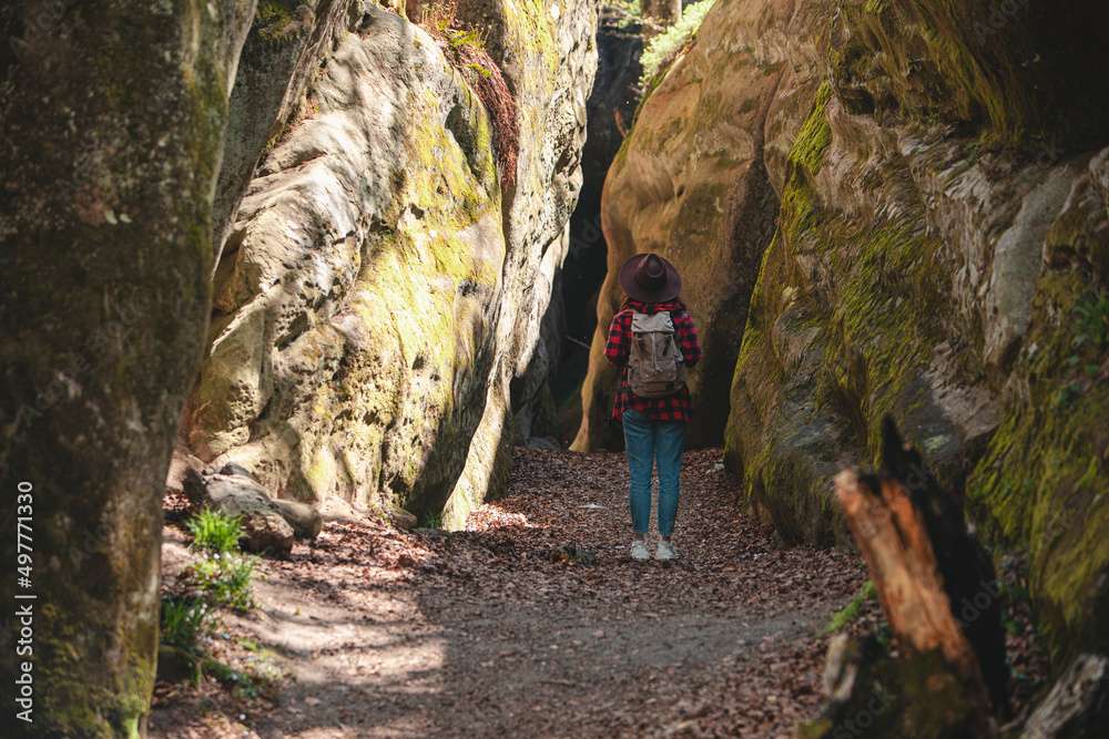 woman hiker with backpack walking by trail woman hiker with backpack walking by trail